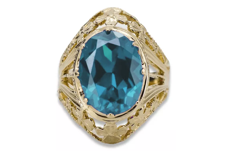 Aquamarine 8K жълто злато Пръстен Винтидж крафт vrc031x-aq Art Deco Руски стил СССР, съветски